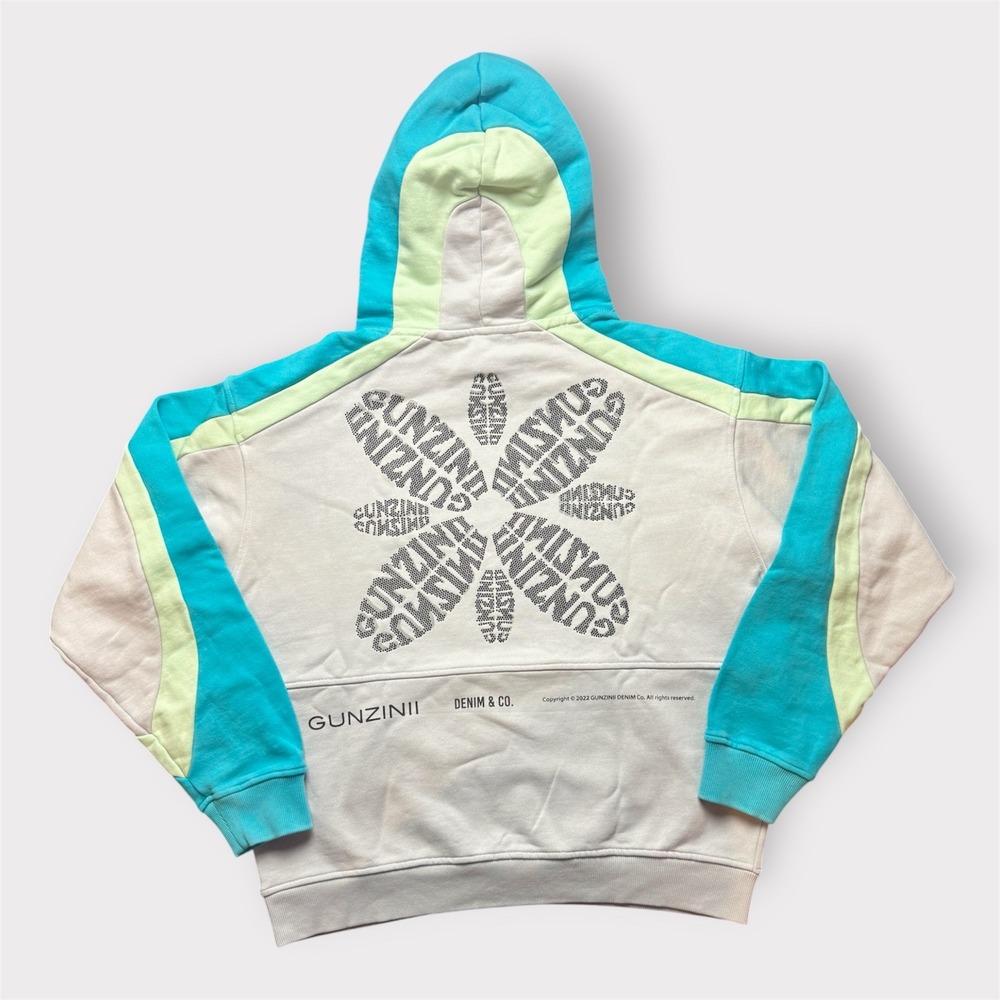 Gunzinii Denim & Co Mens GZ520 Rhinestone Logo Hoodie Light Grey Teal Small NEW